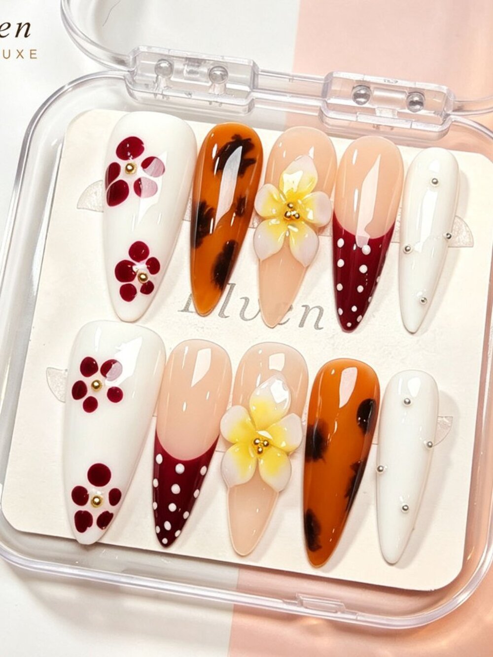 White Brown Pink  Floral & Polka Dot Stiletto Handmade Press On Nails